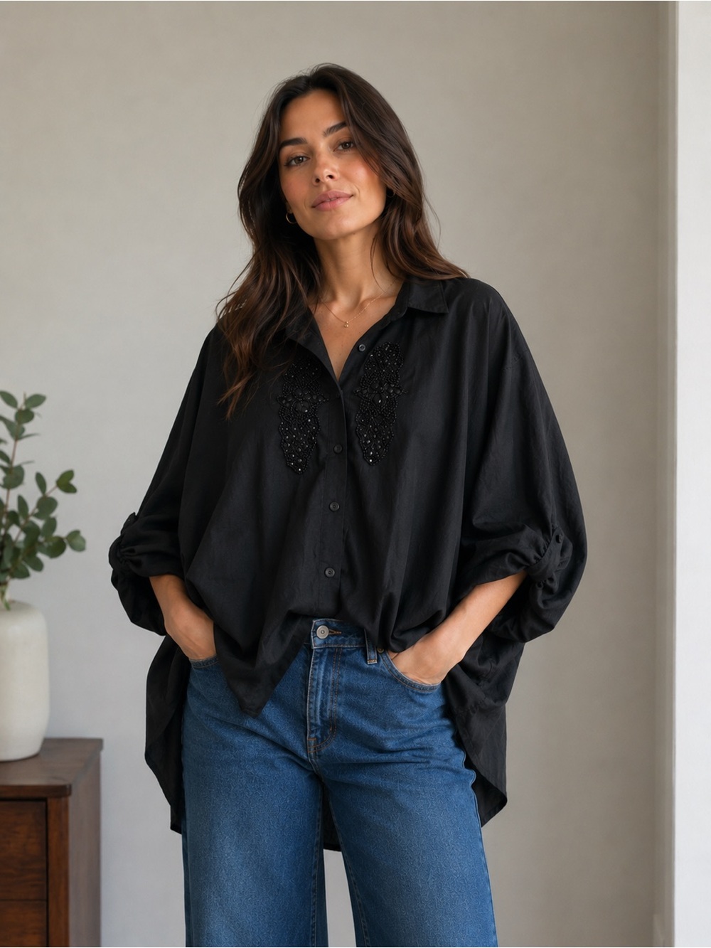 New POL Beaded Effortless Button up Top ~ Black